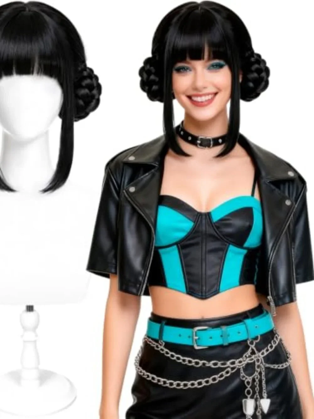 Black Anime Cosplay Wig for Adults with Bun and Bangs, Synthetic Wig